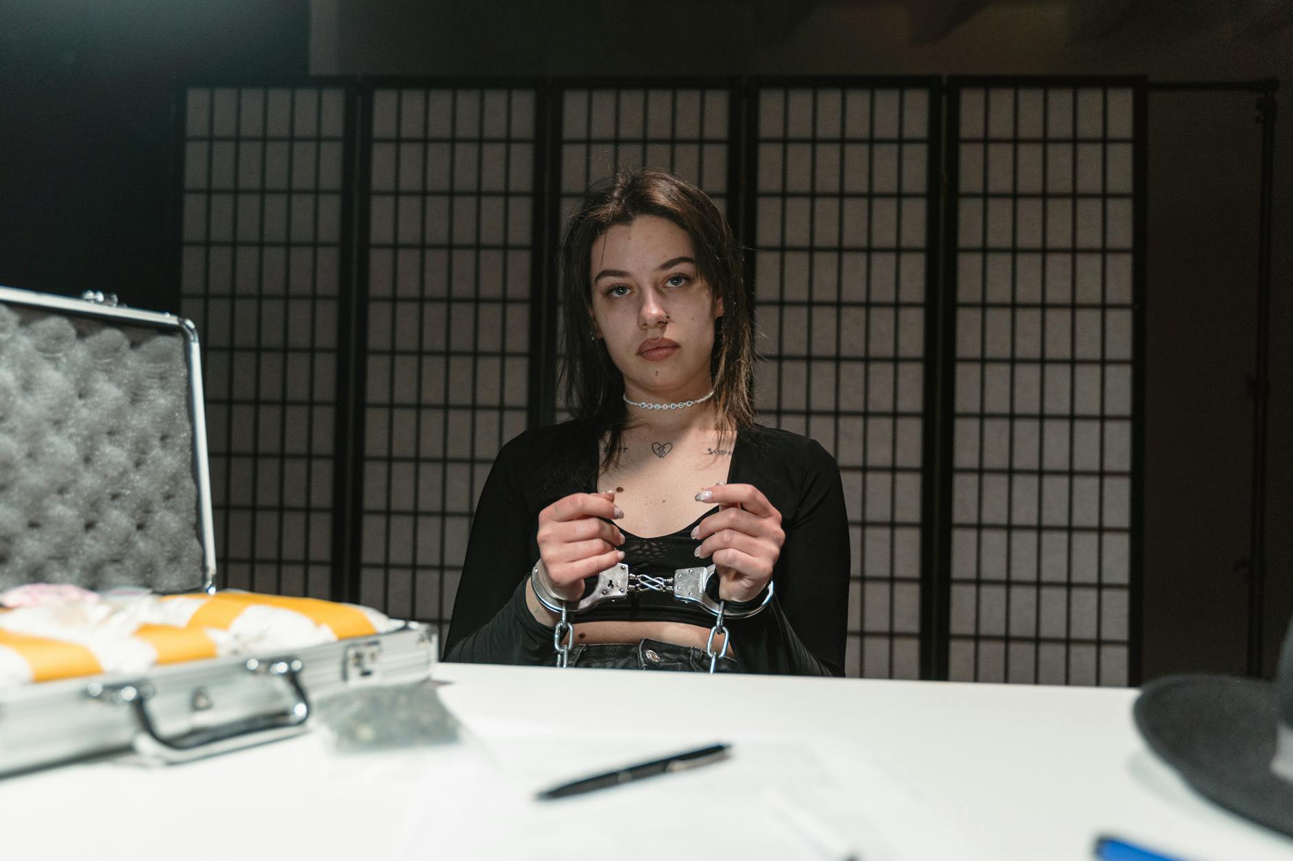 A woman in handcuffs sits at a desk in an interrogation room, facing a briefcase. Dramatic lighting.